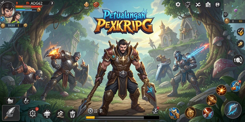Screenshot menunjukkan karakter yang bertarung melawan monster di dunia RPG.