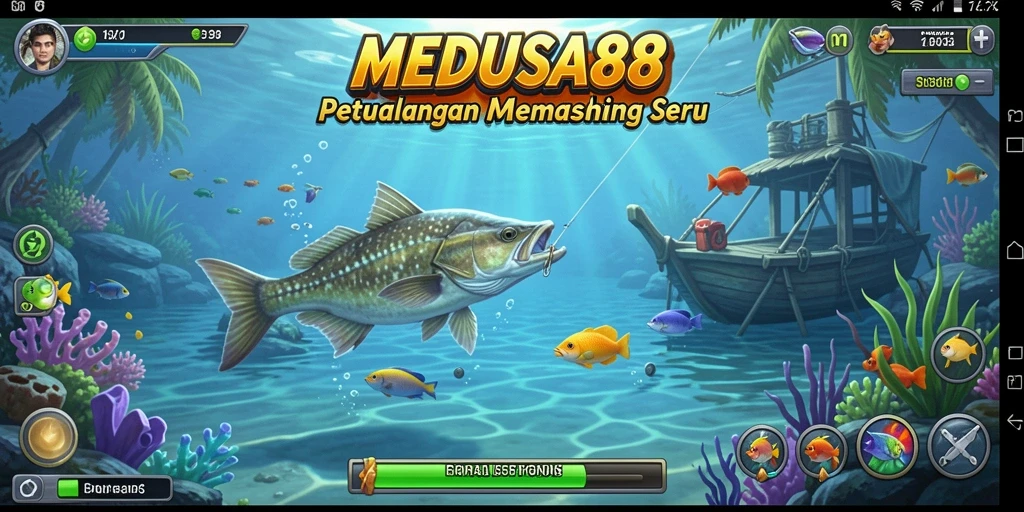 Screenshot gameplay menunjukkan momen seru saat memancing ikan besar.